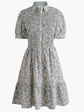NEW J. Crew Factory Short-Sleeve Smocked Floral Green/Pink Shirt Dress